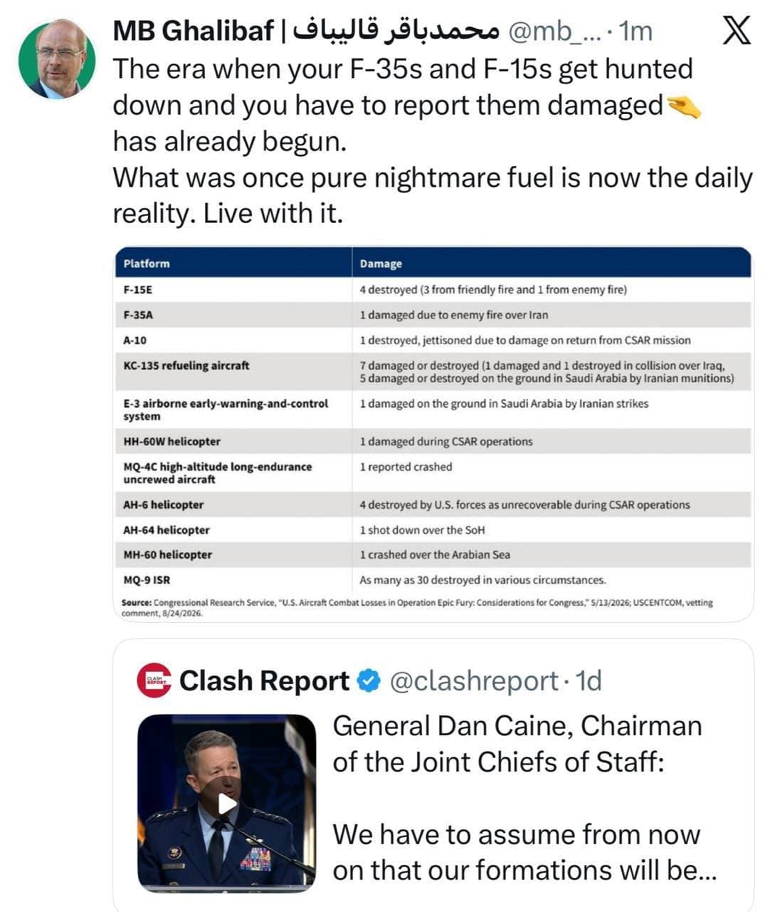 Qalibaf Responds to US Chief of Staff