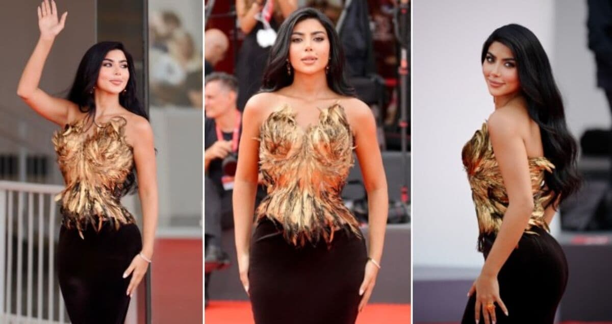 Caroline Azmi shines in golden feathered gown
