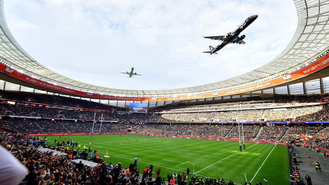 Viral footage of planes over rugby stadium