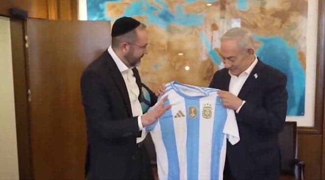 Netanyahu, Argentine ambassador, and football in third place