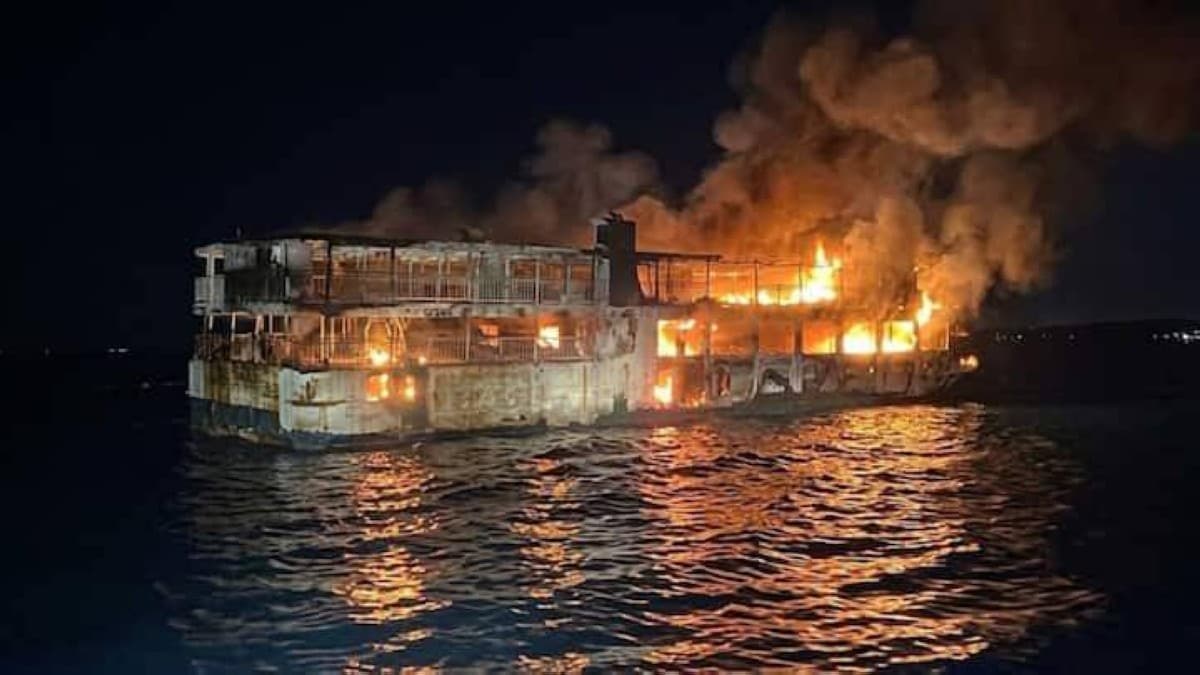 Philippines ferry fire kills 5, 87 missing