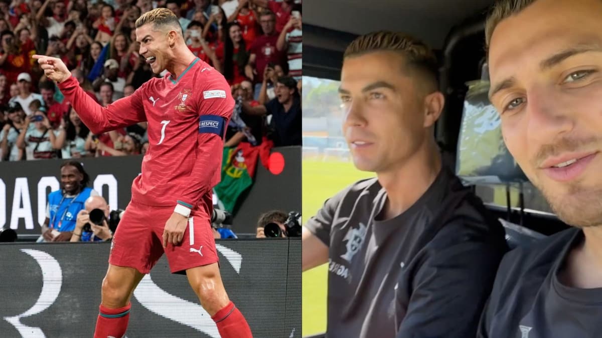 Cristiano Ronaldo drives Ferrari with Dalot