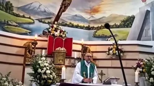 Giant cross falls on priest during mass